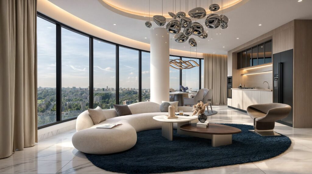 Project render of a Cheval Riverside living room with a curved sofa and floor-to-ceiling windows