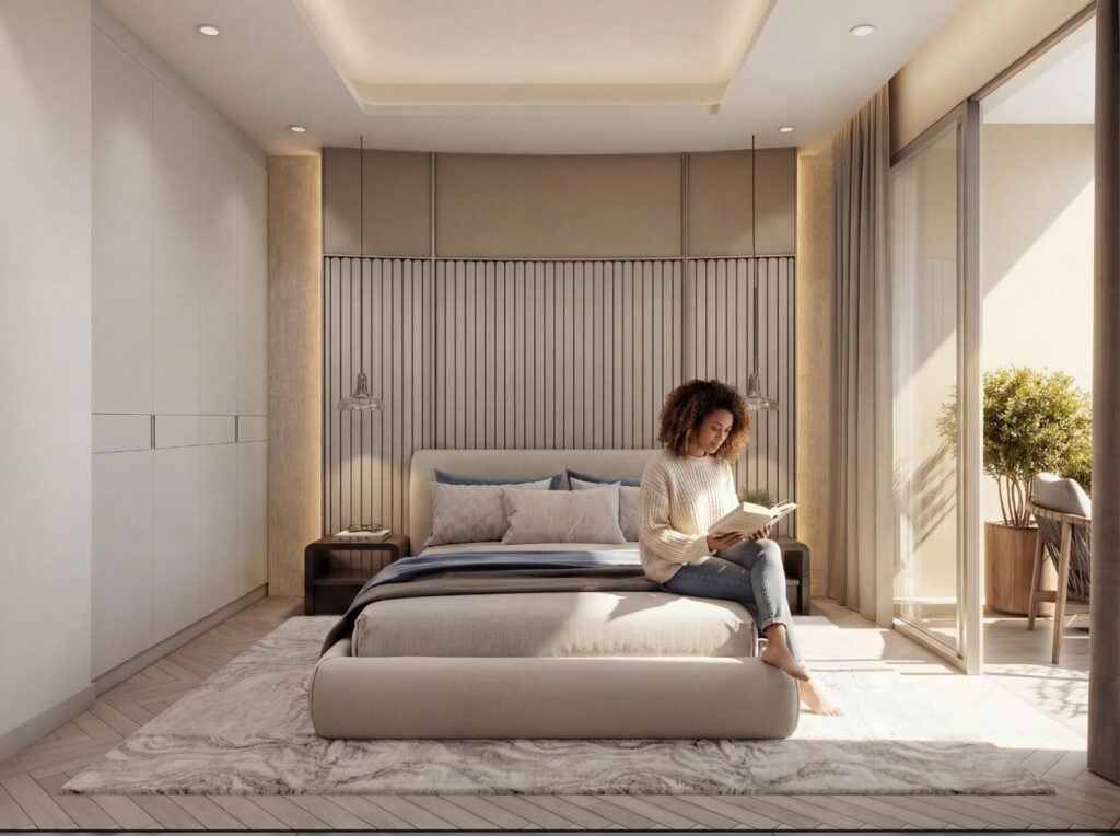 Project render of a Cheval Riverside bedroom with a double bed and full-height glazing