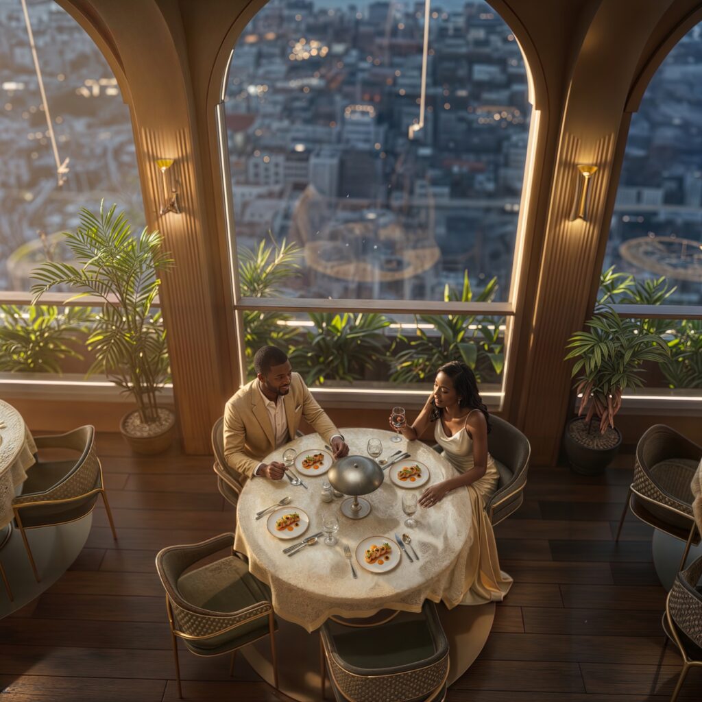 Morvara Hotel Style Apartments, Muthithi Road, Westlands: project render of rooftop dining with views over Nairobi
