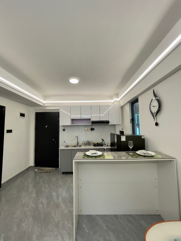 Serene Manor show apartment kitchen with breakfast counter beside the front door