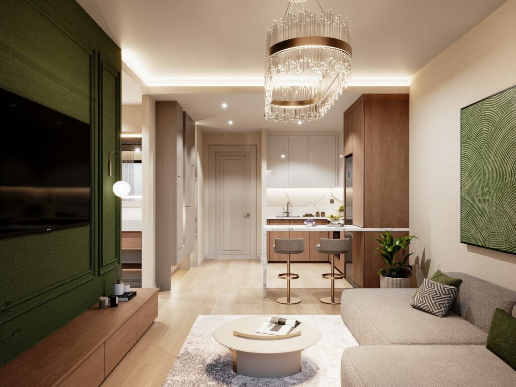 Morvara Hotel Style Apartments, Muthithi Road, Westlands: project render of the living room and kitchen in a typical apartment