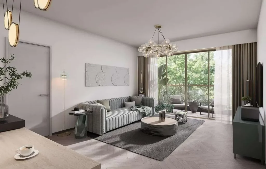 Living room with sofa and large windows in a Mara Grove apartment, Syokimau