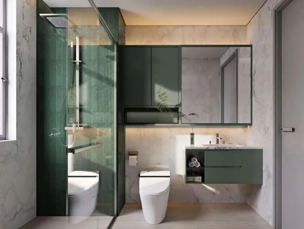 Bathroom with walk-in shower and vanity in a Mara Grove apartment, Syokimau